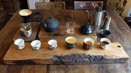 Variety of tea and coffee samples on a rustic wooden board.