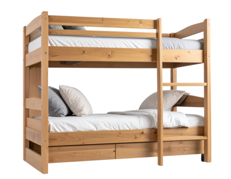  Bunk Bed with Wooden Ladder and Bedding Set, Angled View, Transparent Background