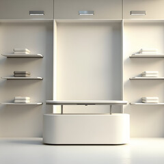 A modern minimalist display room with an arched entrance, sleek floating shelves on both sides, and soft ambient lighting. The clean white interior creates an elegant, futuristic atmosphere.
