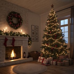 Cozy christmas living room scene with decorated tree and fireplace