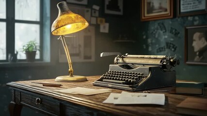 A vintage typewriter sits on a wooden desk, illuminated by a desk lamp, in a dimly lit room with framed photos and a window