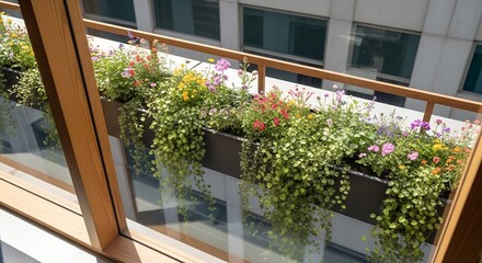 Fototapeta premium A vibrant blooming window box, bursting with colorful flowers and trailing green vines, adds a touch of nature to a modern office building, reflecting the biophilic workplace theme.