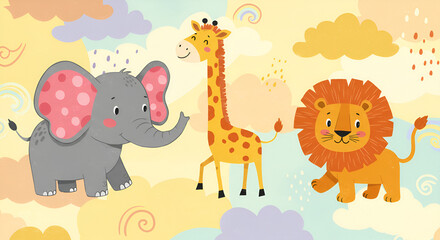 Naklejka premium Cheerful Cartoon Animals Elephant Giraffe Lion on Colorful Cloudy Background Illustration