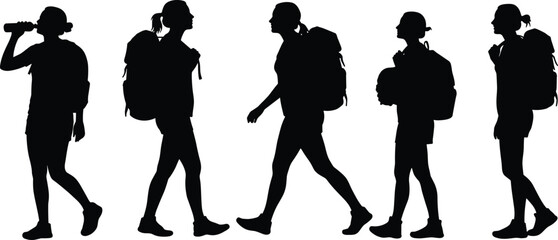 Silhouette vector illustration of female hikers walking with backpacks, drinking water, isolated design for outdoor adventure, camping, trekking, and exploration scenes