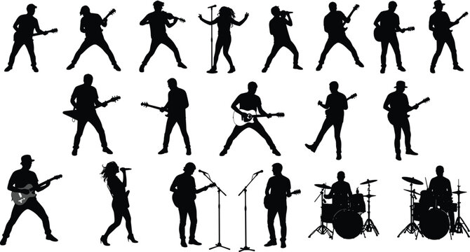 Silhouettes of musicians playing guitar, singing, drumming on stage, live concert performance, rock band set, music show illustration