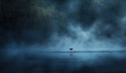 Misty river scene with single flower
