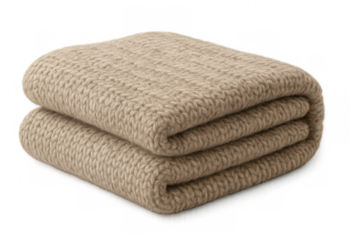 Beige knitted blanket folding softly, presenting textural warmth against translucent surface