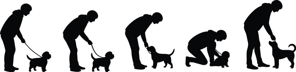 Silhouette of man training and playing with puppy, dog obedience practice, bonding interaction, pet care, domestic animal activity illustration