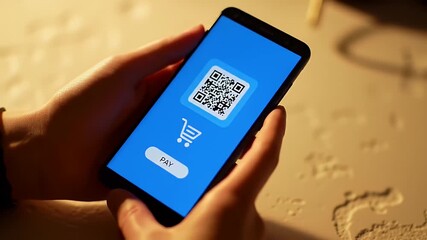 Hands Holding Smartphone Displaying QR Code and Shopping Cart Icon for Online Mobile Payment on Beige Surface - Powered by Adobe
