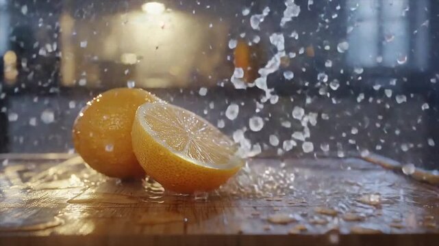 Rushing water cleanses halved lemons on wood