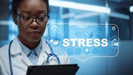 Serious African American Doctor Using Digital Tablet in Blue Hospital Background with White Lab Coat and Stress Floating Text on Screen - Powered by Adobe