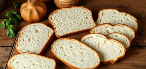 Naklejka premium Rustic wooden table holds neatly arranged slices of homemade organic white bread, ready for a simple wholesome breakfast, organic, wooden table