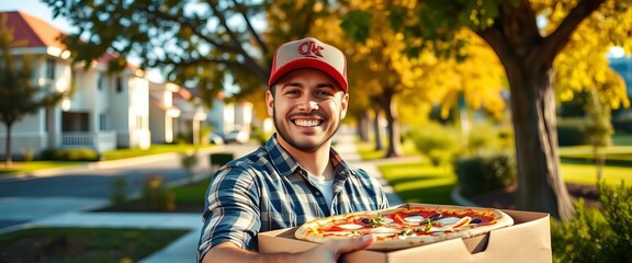 Smiling recipient receives pizza delivery in sunny suburb,  delivery driver,   contentment