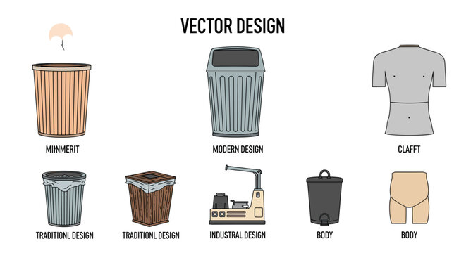 Illustration showing various trash can designs and body models with labeled descriptions in vector format on transparent background