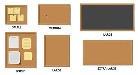 Illustration showing a variety of bulletin boards in different sizes including small medium and large boards on transparent background