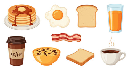 Illustration of a breakfast spread with pancakes, egg, toast, juice, coffee, bacon, and cereal on transparent background