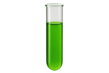 Glass test tube filled with bubbling green liquid on a transparent background, ideal for science or medical concepts