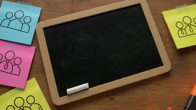 Employee Assistance Program (EAP) concept with chalkboard text and diverse employee icons on sticky notes, symbolizing workplace mental health, support, and human resources