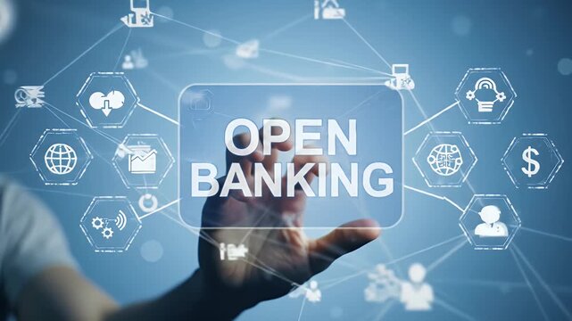Open Banking Concept Hand Touching Glass Interface with White Icons on a Light Blue Background Connecting with Thin Lines