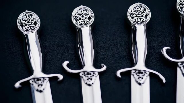 Antique swords displayed against dark background