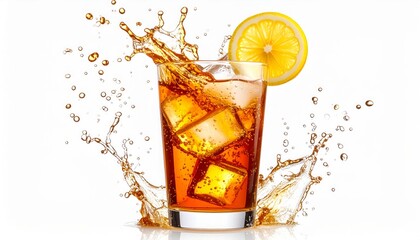 Refreshing iced tea splashing in a glass with ice cubes and lemon.