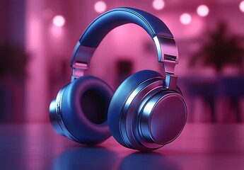 Blue Headphones Mockup with Pink Purple Futuristic Lighting

