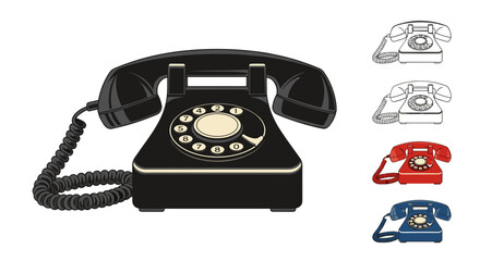 Illustration of a black rotary dial telephone with multiple color and outline variations shown on white on transparent background