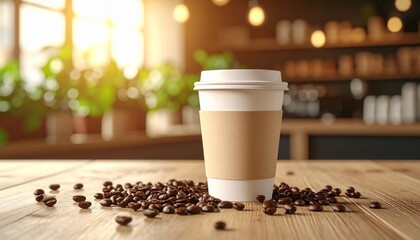 A takeaway coffee cup sits on a wooden table, surrounded by coffee beans, in a sunlit cafe.