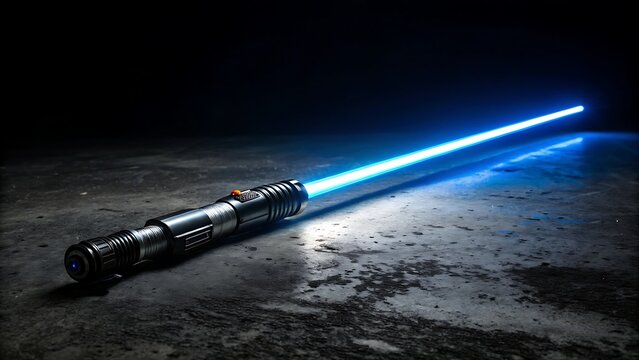 Glowing blue lightsaber on a dark textured surface