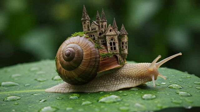 Snail with a castle on its shell in a lush garden