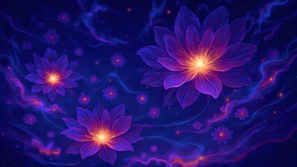 Vibrant Glowing Purple Lotus Flowers in Ethereal Cosmic Night Sky Fantasy Background Art