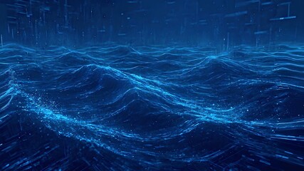Naklejka premium Digital Blue Ocean Waves Abstract Background with Glowing Particles and Data Streams
