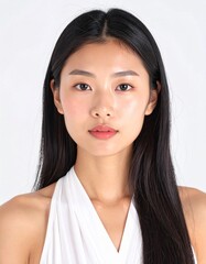 Fototapeta premium 日本人, 超リアル, 美しい若い女性, 長い黒髪, 自然なメイク, 白いキャミソール, 肌が輝くクローズアップ, 柔らかなライティング, 美容広告風, スタジオ背景（白）, 高解像度 Japanese, ultra-realistic, beautiful young woman, long black hair, natural makeup