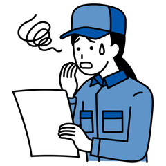 書類を見て困惑するつなぎ作業服の女性