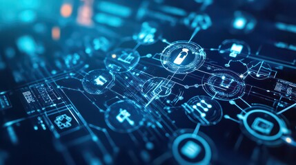 Abstract digital network with glowing blue lines and connected icons in a complex arrangement