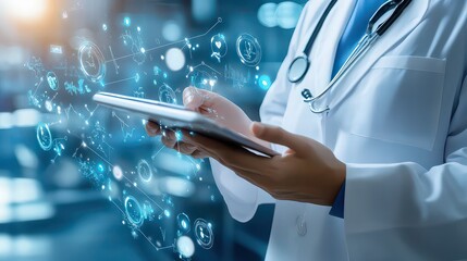 Doctor in white coat using tablet with medical icons and digital network overlaying the screen view
