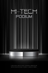 3D futuristic metallic silver podium on black background. Showcase smartphone, mobile phone, tablet, headphone and smart technology product in digital ads, brand sale or store promotion