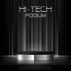 3D futuristic metallic silver podium on black background. Showcase smartphone, mobile phone, tablet, headphone and smart technology product in digital ads, brand sale or store promotion