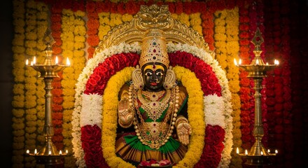 Obraz premium Temple idol of Goddess Gowri with lamp lights, floral backdrop
