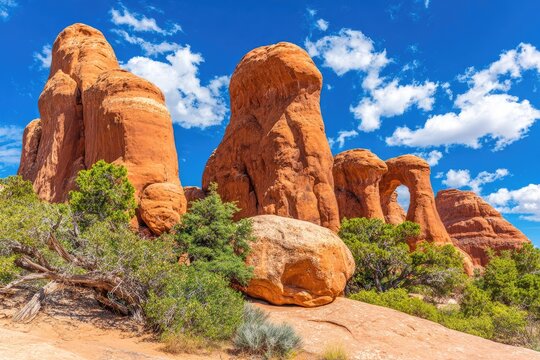 Red rock formations, arches,  and desert landscape