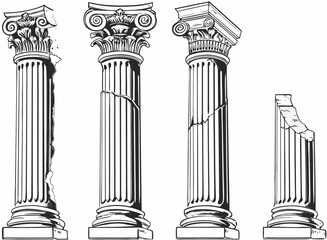 Line Greek pillars and Roman columns, ancient architecture and antique buildings, vector icons. Greece or Rome architecture column pillars of marble stone in line art with pilasters and ornate cornice