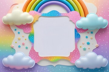 Whimsical rainbow cloud frame with a unicorn silhouette, castle, and dreamy pastel sky. A magical fantasy border for a girl's birthday invitation, nursery art, or fairy tale themes