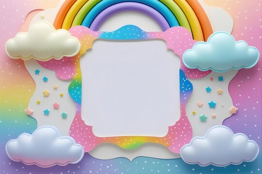  Whimsical rainbow cloud frame with a unicorn silhouette, castle, and dreamy pastel sky. A magical fantasy border for a girl's birthday invitation, nursery art, or fairy tale themes