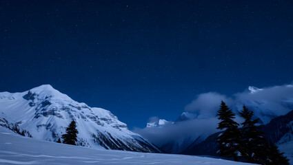 Mountain Majesty – Snowy peaks under a starry night