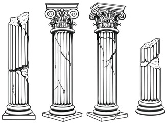 Line Greek pillars and Roman columns, ancient architecture and antique buildings, vector icons. Greece or Rome architecture column pillars of marble stone in line art with pilasters and ornate cornice