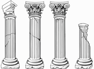 Obraz premium Line Greek pillars and Roman columns, ancient architecture and antique buildings, vector icons. Greece or Rome architecture column pillars of marble stone in line art with pilasters and ornate cornice