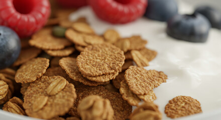 Close-up of a breakfast bowl with cereal, raspberries, and blueberries.