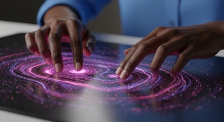 Person's hands interact with a futuristic augmented reality display, navigating vibrant glowing purple and pink swirling patterns for focused data visualization or decompression.