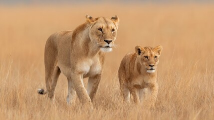 Naklejka premium Lioness and cub in golden savanna
