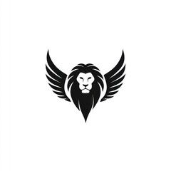 Obraz premium Lion's head with black wings emblem, centered, minimalist design on a white background